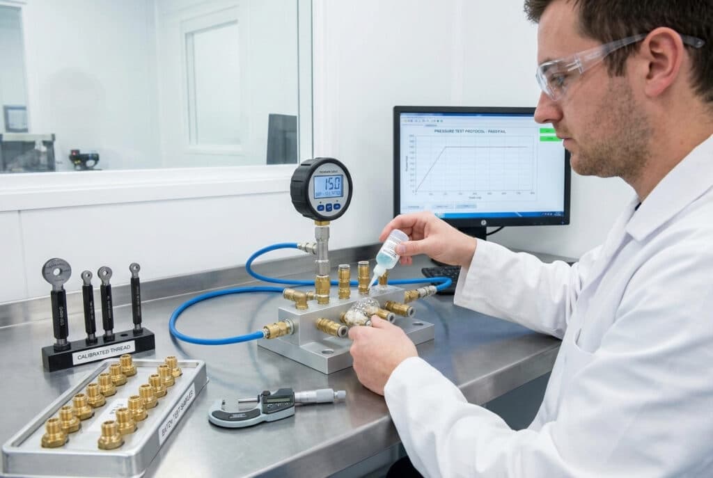 טכנאי בקרת איכות במעבדה מבצע בדיקת דליפות על סדרה של אביזרי פליז פנאומטיים באמצעות תמיסת בועות ומד לחץ דיגיטלי המציג "15.0 BAR", שהוא פי 1.5 מהלחץ המדורג. מדדי הברגה מכוילים ואביזרי דגימה מונחים על שולחן העבודה.