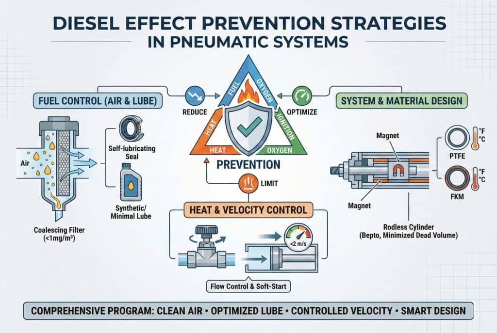 อินโฟกราฟิกหัวข้อ "กลยุทธ์การป้องกันผลกระทบจากดีเซลในระบบนิวเมติก"มันแสดงภาพวิธีการสามประการที่มุ่งเน้นไปที่สามเหลี่ยมการเผาไหม้ที่แตกออก: 1) การควบคุมเชื้อเพลิง (อากาศและน้ำมันหล่อลื่น) ด้วยตัวกรองที่รวมตัวกันและน้ำมันหล่อลื่นสังเคราะห์; 2) การควบคุมความร้อนและความเร็วด้วยตัวควบคุมการไหลที่จำกัดความเร็วให้ต่ำกว่า <2 เมตร/วินาที; และ 3) การออกแบบระบบและวัสดุที่เน้นกระบอกสูบแบบไม่มีก้าน Bepto ที่มีปริมาตรตายตัวน้อยที่สุดและซีลทนความร้อน (PTFE, FKM).