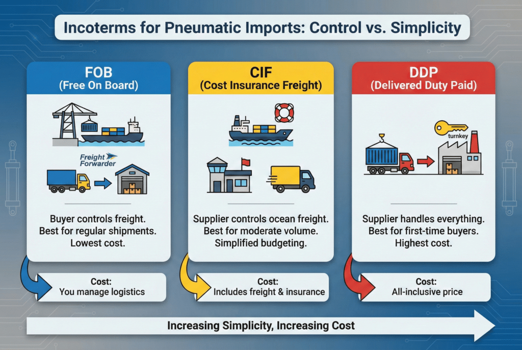 Infografika pod nazivom "Incoterms za uvoz pneumatskih proizvoda: kontrola naspram jednostavnosti", koja uspoređuje opcije FOB, CIF i DDP. Ona koristi ikone i tekst kako bi ilustrirala da FOB kupcu nudi kontrolu i najniže troškove, CIF omogućava pojednostavljeno budžetiranje s troškovima prijevoza pod kontrolom dobavljača, a DDP nudi isporuku "ključ u ruke" po najvišoj cijeni. Donja strelica označava kompromis između povećanja jednostavnosti i povećanja troškova kod sve tri opcije.