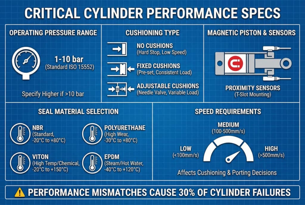 Tehnička infografika na plavoj mrežastoj pozadini pod nazivom "KRITICNE SPECIFIKACIJE PERFORMANSI CILINDRA." Sadrži pet odvojenih panela koji ilustruju ključne specifikacije: "OPSEG RADNOG PRITISKA" (1-10 bar, navesti viši ako je potrebno), "VRSTA AMORTIZACIJE" (Bez prigušivača, fiksni, podesivi), "MAGNETSKI KLIP I SENSORI" (sa senzorima blizine), "IZBOR MATERIJALA BRTVE" (NBR, poliuretan, Viton, EPDM s temperaturnim rasponima) i "ZAHTJEVI ZA BRZINOM" (niska, srednja, visoka s ikonom brzinomjera). Žuti upozoravajući baner na dnu glasi: "NEPODUDARNOST PERFORMANSI UZROKUJE 30% NEUSPJEHA CILINDARA."
