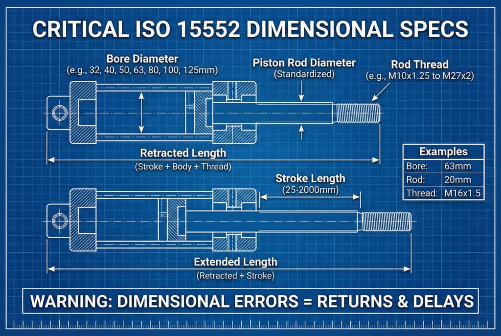 Tehnička infografika u obliku nacrta koja ilustrira ključne dimenzije pneumatskog cilindra prema standardu ISO 15552. Prikazuje cilindar u uvlačenom i izduženom položaju, s oznakama za "Prečnik cilindra" (32-125 mm), "Prečnik klipnjače," "Navoj klipa" (M10x1.25 do M27x2), "Dužina hoda" (25-2000 mm), "Skraćena dužina" i "Izdužena dužina". Također su uključene tabela "Primjeri" i upozorenje "DIмензионаЛНЕ GREŠKE = POVRAT I ZAKASNjenja".