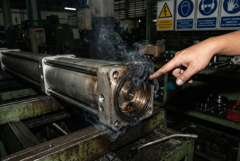 クローズアップ写真には、作業場環境で損傷した空気圧シリンダーが写っており、焼け焦げたエンドキャップとシールから煙が立ち上っている。人物の手が黒く変色した部分を指し示しており、急激な空気圧縮により内部燃焼が発生した「ディーゼル効果」の余波を物語っている。.