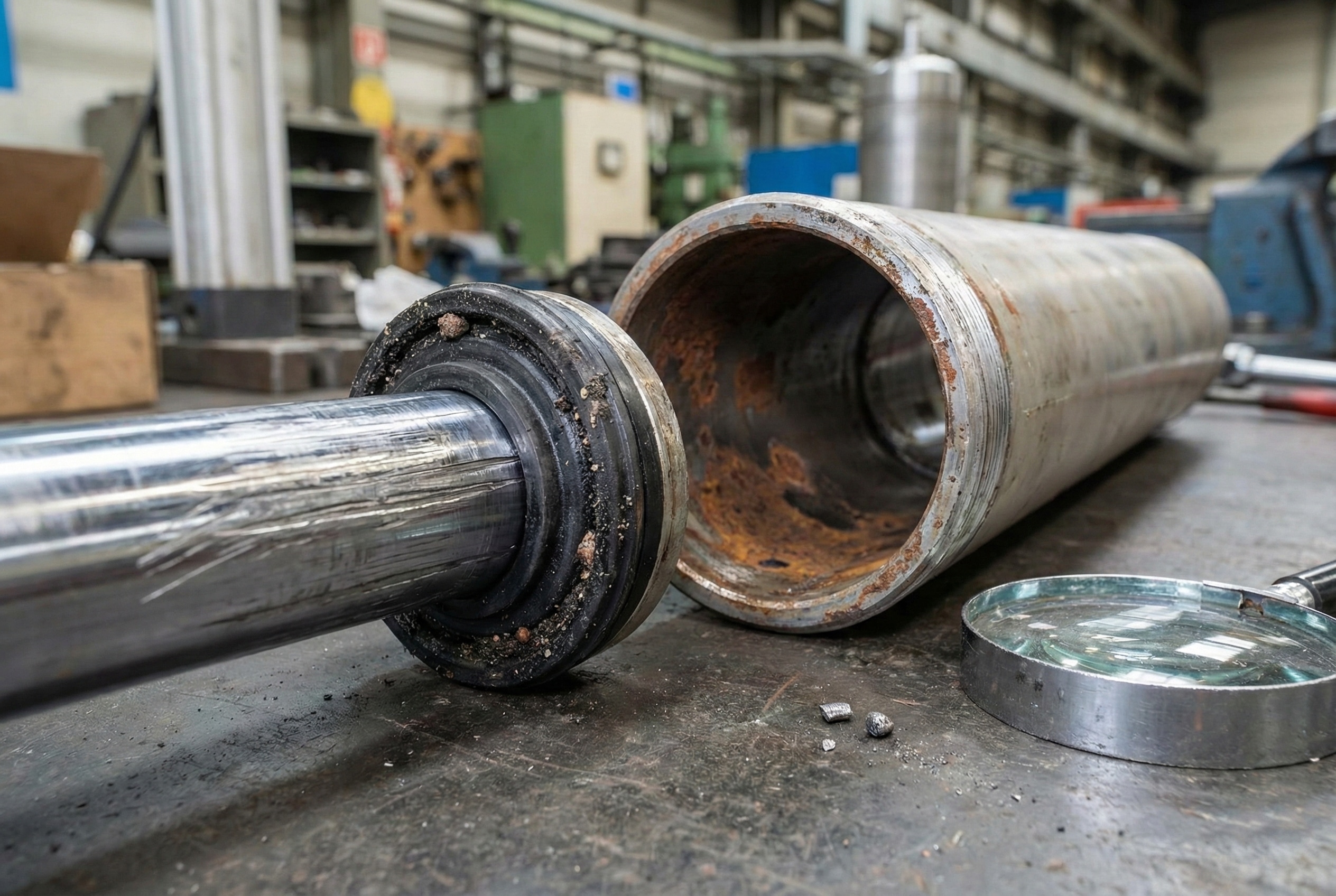 Makro fotografija rastavljenih komponenti pneumatskog cilindra na radnom stolu, koja prikazuje oštećenu klipnjaču s utorima i oštećenu brtvu s ubačenim česticama. Unutrašnjost cilindra je zahrđala i ima udubljenja. Pored dijelova se nalazi lupa koja naglašava forenzičku analizu habanja.