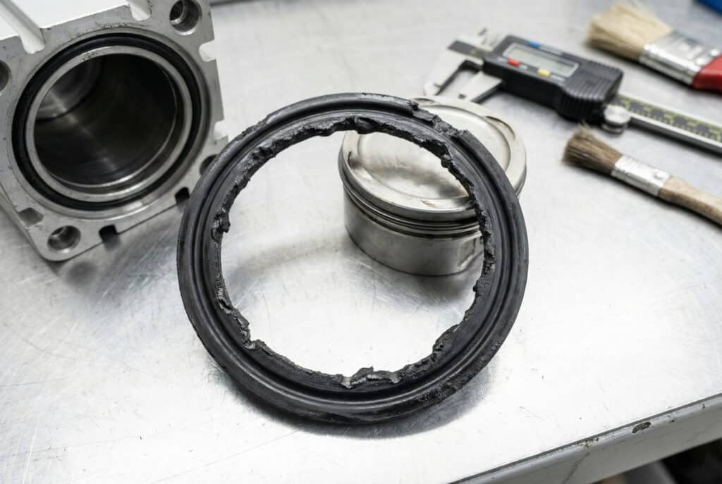 ภาพถ่ายระยะใกล้ของซีลลูกสูบที่เสียหายซึ่งมีรอยกัดกินอย่างรุนแรงและขอบที่ถูกกัด วางอยู่บนโต๊ะทำงานโลหะข้างกระบอกลมและลูกสูบ.