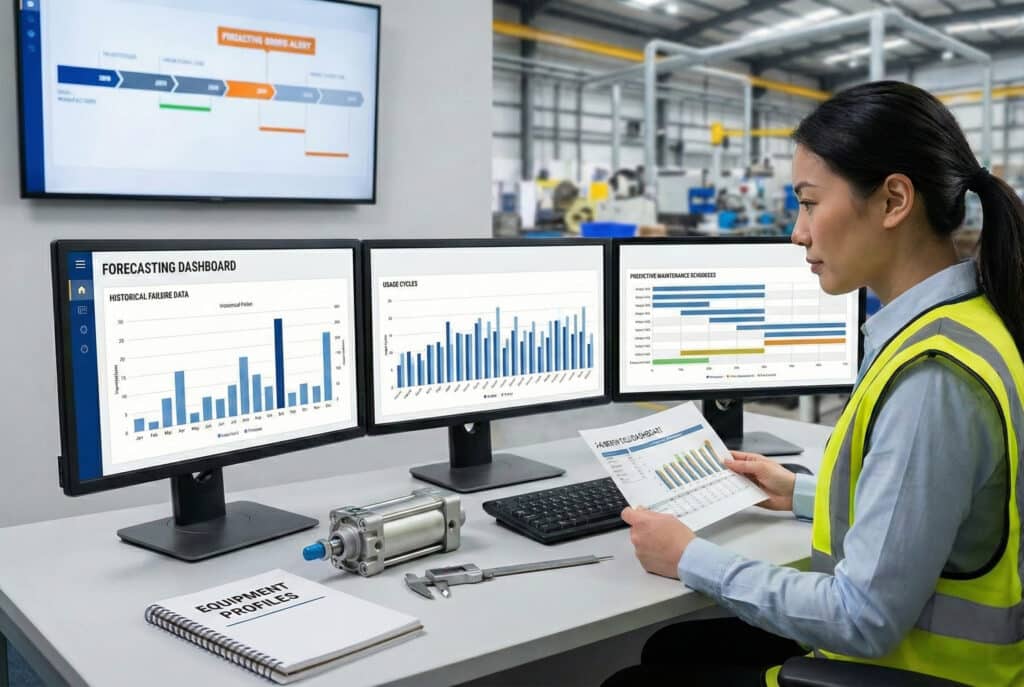 Menadžer održavanja u proizvodnom pogonu pregledava izvještaj o kliznom prognoziranju dok sjedi za stolom s tri monitora koja prikazuju historijske podatke o kvarovima i rasporede prediktivnog održavanja. Na stolu se nalaze prilagođeni pneumatski cilindar i bilježnica s profilima opreme, što ilustrira proaktivno planiranje.