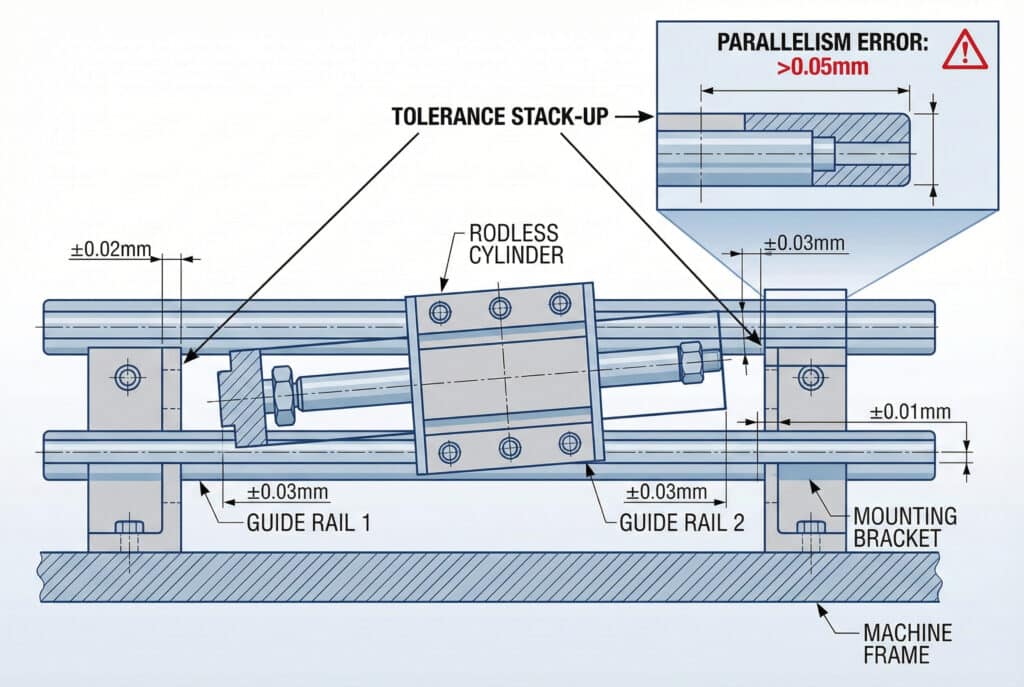 תרשים טכני הממחיש את הצטברות הסטיות ואת שגיאת המקבילות בהתקנת צילינדר ללא מוט. התרשים מציג צילינדר ללא מוט המותקן בין שני מסילות הנחיה על מסגרת המכונה, עם קווי מידות המציינים סטיות קלות בתושבות ההרכבה ובמסילות ההנחיה. תוספת מוגדלת מדגישה את ההשפעה המצטברת, ומציינת אותה כ"שגיאת מקבילות: >0.05 מ"מ" עם סמל אזהרה אדום.