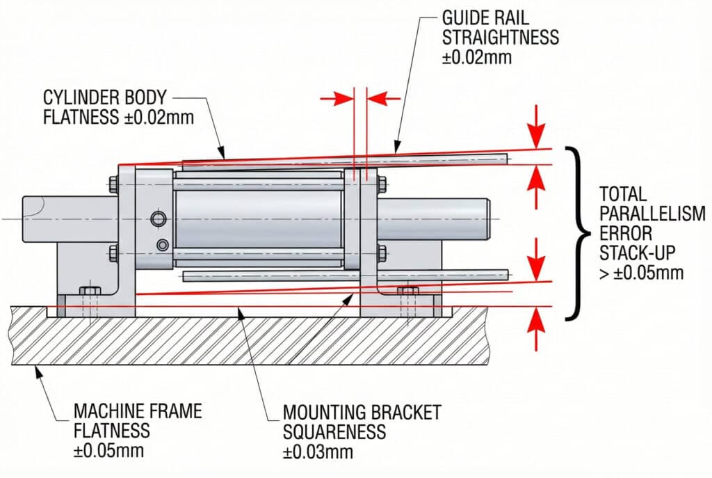 תרשים טכני הממחיש את ההשפעה המצטברת של סטיות ייצור, או "הצטברות סטיות", במכלול צילינדר ללא מוט. התרשים מראה כיצד סטיות בודדות ממסגרת המכונה, מתקני ההרכבה, גוף הצילינדר ומסילות ההנחיה משתלבות זו בזו ויוצרות שגיאת מקבילות כוללת החורגת מהגבולות המקובלים.