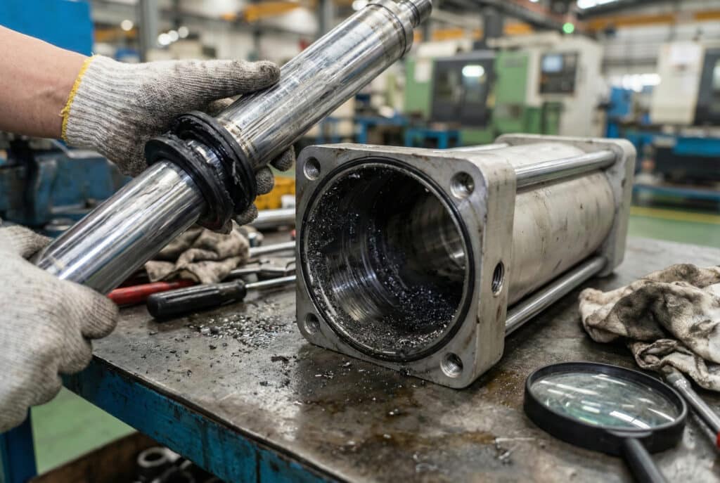 クローズアップ写真には、油まみれの作業台の上に分解された空圧シリンダーが写っている。整備士の手袋をはめた手が、傷ついたピストンロッドと破れたシールを、汚染されたシリンダーバレルの横で握っている。.