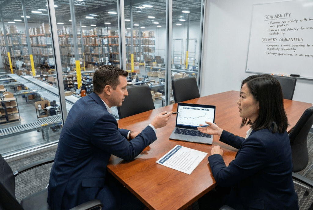 שני אנשי עסקים בחדר ישיבות עם חלון גדול המשקיף על מתקן אחסון, דנים במדדי ביצועי משלוח המוצגים במחשב נייד ובמסמך הנוגע לשאלות בנושא זמן אספקה.