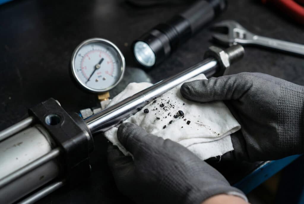 ช่างเทคนิคซ่อมบำรุงกำลังตรวจสอบก้านกระบอกลมนิวเมติก โดยถือผ้าขาวที่มีเศษยางสีดำติดอยู่ ซึ่งบ่งชี้ถึงการกัดขอบซีล มีเกจวัดแรงดันและไฟฉายวางอยู่บนโต๊ะทำงาน.