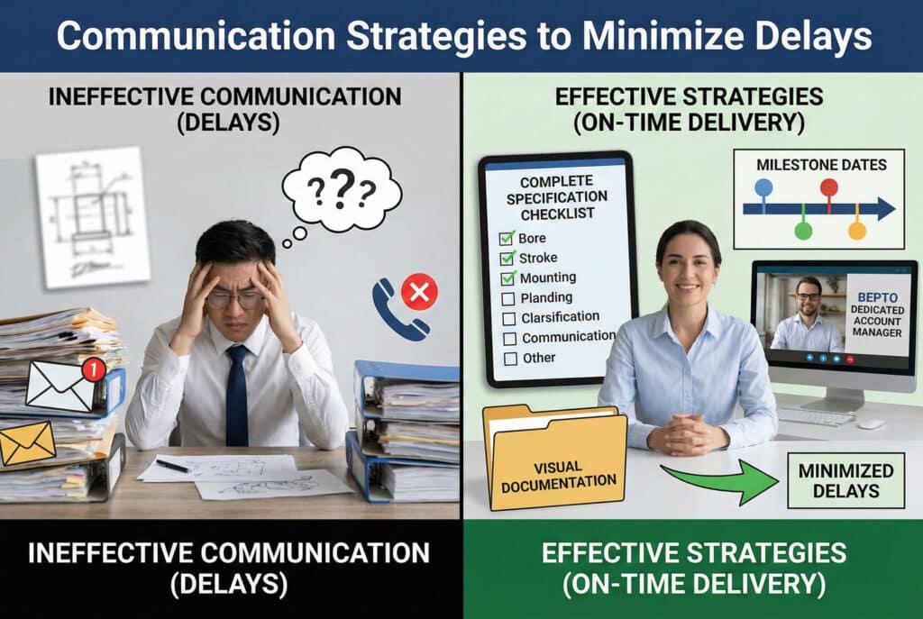 Poređiva infografika koja ilustruje neefikasne naspram efikasnih komunikacijskih strategija. Lijeva strana prikazuje pod stresom osobu i haotičan radni stol koji predstavljaju kašnjenja, dok desna strana prikazuje samouvjerenu osobu koja koristi potpunu kontrolnu listu specifikacija, datume ključnih prekretnica, vizualnu dokumentaciju i posvećenog Bepto menadžera računa kako bi osigurala pravovremenu isporuku.