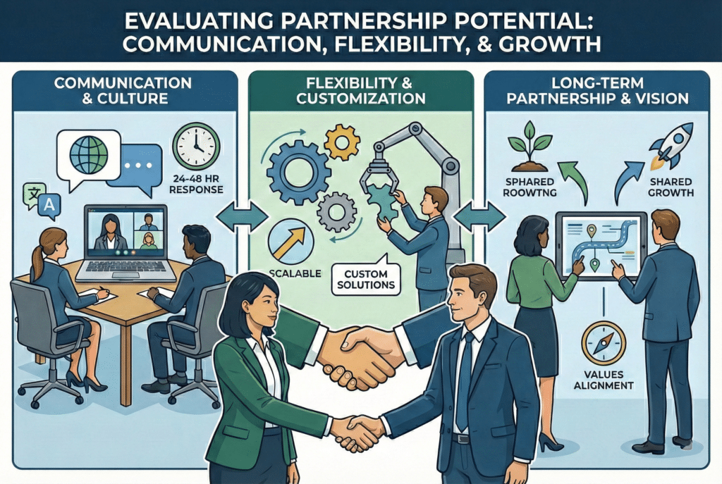 Infografika pod naslovom 'PROCIJENA POTENCIJALA PARTNERSTVA: KOMUNIKACIJA, FLEKSIBILNOST I RAST'. Prikazuje tri međusobno povezana panela: 'KOMUNIKACIJA I KULTURA' sa raznolikim ljudima i satom 'ODGOVOR U ROKU OD 24-48 SATI', 'FLEKSIBILNOST I PRILAGOĐAVANJE' sa zupčanicima i 'PRILAGOĐENA RJEŠENJA', te 'DUGOROČNO PARTNERSTVO I VIZIJA' sa raketom, zajedničkim planom puta i kompasom 'USKLAĐIVANJE VRIJEDNOSTI'. Centralno rukovanje povezuje koncepte.