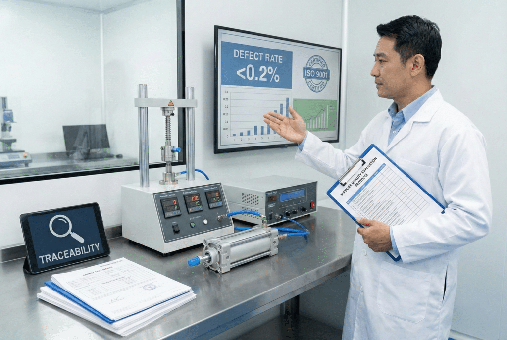 מהנדס בקרת איכות במעבדה נקייה מחזיק פרוטוקול הערכת ספקים ומצביע על צג המציג את הכיתוב "שיעור פגמים <0.2%" ו-"מוסמך ISO 9001". צילינדר פנאומטי עובר בדיקת לחץ, לצד דוחות בדיקה וטאבלט המציג סמל "עקיבות".