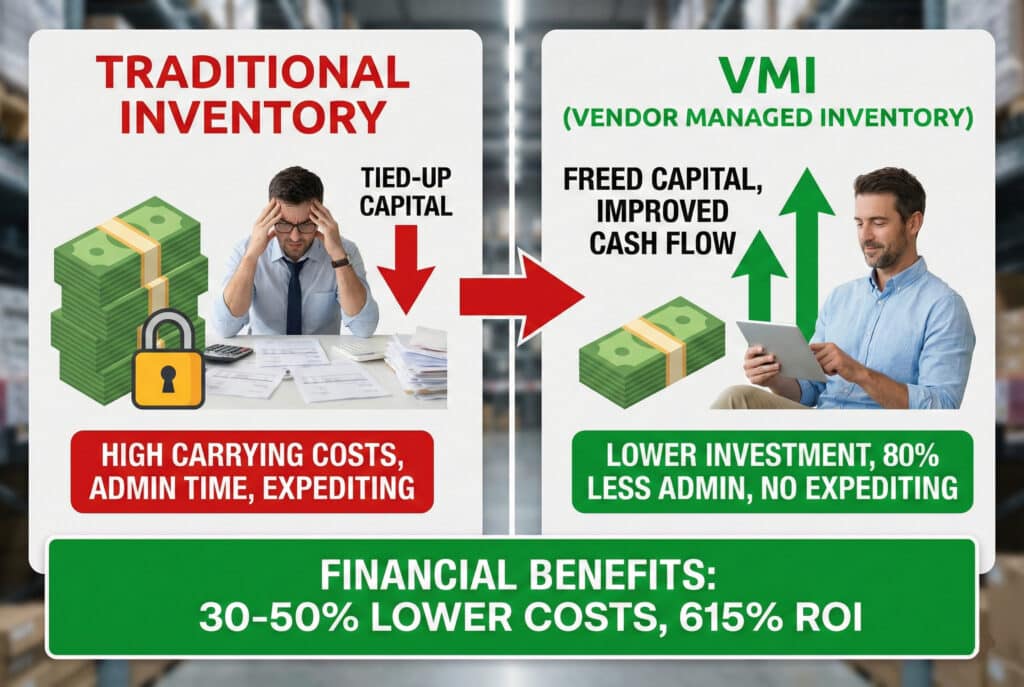 Infografika koja uspoređuje "TRADICIONALNU ZALIHU" i "VMI (VENDOR MANAGED INVENTORY)". S lijeva je stresiran čovjek s vezanim kapitalom i visokim troškovima. S desna je čovjek s oslobođenim kapitalom, poboljšanim novčanim tokom, manjom investicijom i manje administrativnog vremena. Zeleni baner na dnu ističe "FINANSIJSKE POGODNOSTI: 30-50% NIŽI TROŠKOVI, 615% ROI".