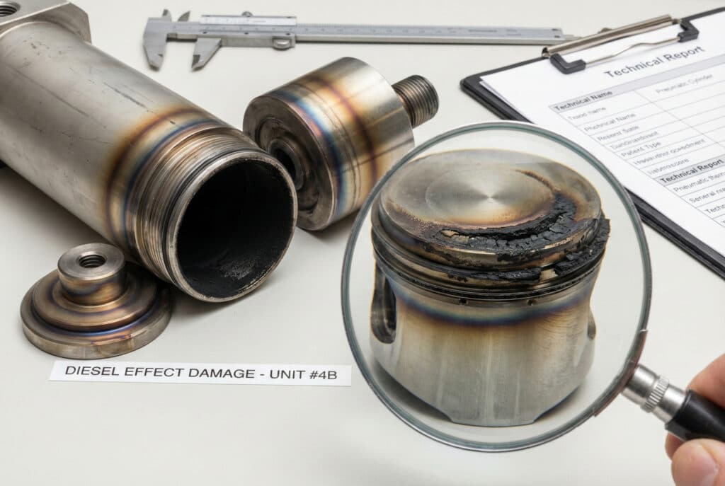 ภาพถ่ายระยะใกล้ของชิ้นส่วนกระบอกสูบอากาศที่ถูกถอดประกอบออก กำลังอยู่ระหว่างการตรวจสอบทางนิติวิทยาศาสตร์ กล้องขยายกำลังสูงชี้ให้เห็นลูกสูบที่มีซีลซึ่งถูกเผาไหม้จนแข็งและเปราะ พร้อมกับการเปลี่ยนสีจากความร้อนอย่างรุนแรงบนผิวโลหะ ซึ่งเป็นลักษณะเฉพาะของความเสียหายจากผลกระทบของดีเซล ภายในกระบอกสูบมีคราบเขม่าเกาะอยู่ รายงานทางเทคนิคและเครื่องวัดระยะแบบคาลิเปอร์ปรากฏอยู่ในฉากหลัง.