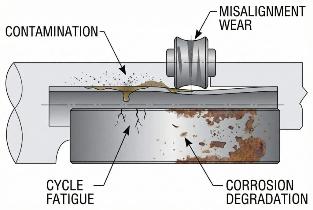 ロッドレスシリンダーのスリット型シーリングバンドの4つの主な故障モードを示す技術図：パーティクルによる汚染、ガイドローラーのミスアライメントによる摩耗、サイクル疲労による材料クラック、腐食による表面劣化。各故障モードは図上で視覚的に表現され、ラベルが付けられている。.