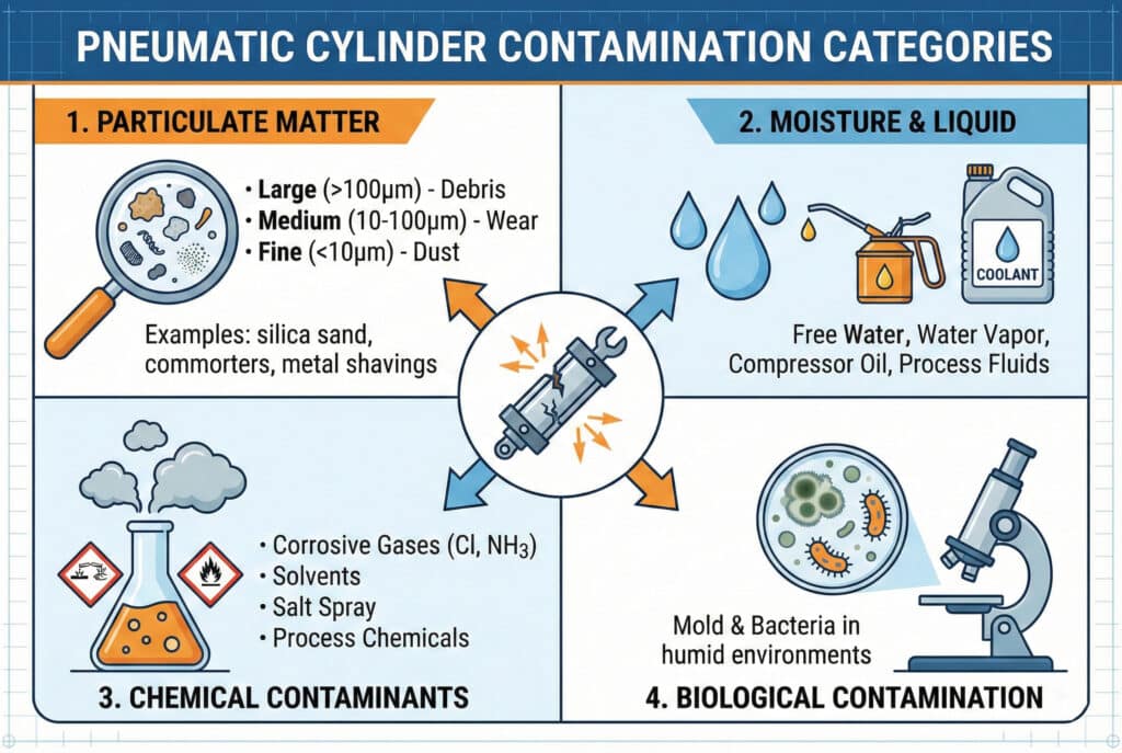 Infografski dijagram koji ilustrira četiri glavne kategorije kontaminacije pneumatskog cilindra: čestice (velike, srednje i fine čestice poput metalnih strugotina), vlaga i tečnosti (voda, ulje, rashladna tečnost), hemijski kontaminanti (korozivni gasovi, rastvarači) i biološka kontaminacija (plijesan, bakterije). Centralna ikona prikazuje oštećeni cilindar kao rezultat ovih kontaminanata.