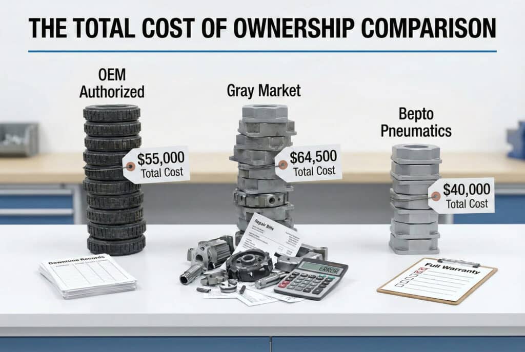 Vizuelna usporedba ukupnih troškova vlasništva za tri opcije nabavke pneumatika. Slojevi komponenti predstavljaju "OEM Authorized" (ukupni trošak $55.000), "Gray Market" (ukupni trošak $64.500) s pokvarenim dijelovima i računima za popravke, i "Bepto Pneumatics" (ukupni trošak $40.000) s potpunom kontrolnom listom garancije. Slika ilustruje da početne uštede "Sive zone" nadmašuju skriveni troškovi, što čini "Bepto Pneumatics" najisplativijom legitimnom opcijom.