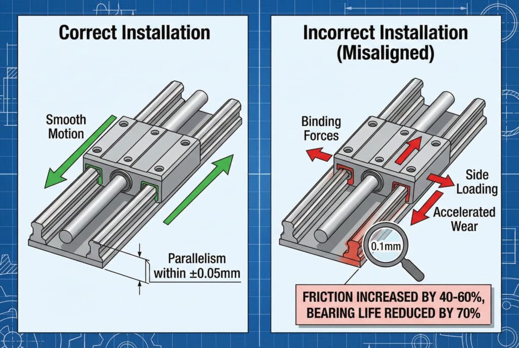 תרשים טכני המשווה בין התקנות נכונות ולא נכונות של מסילות הנחיה עבור צילינדרים ללא מוט. הלוח השמאלי מציג מסילות מקבילות בטווח של ±0.05 מ"מ לתנועה חלקה, בעוד הלוח הימני מדגיש סטייה של 0.1 מ"מ הגורמת להיתקעות, עומס צדדי ובלאי מואץ, מה שמגדיל את החיכוך ב-40-60% ומקצר את אורך חיי המסב ב-70%.