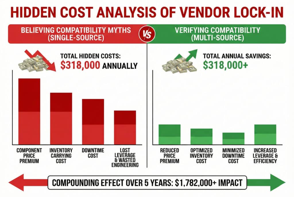 Poređeni infografik naslovljen "ANALIZA SKRIVENIH TROŠKOVA ZAKLJUČAVANJA ZA JEDNOG DOBavljača." On kontrastira visoke skrivene troškove ($318,000 godišnje) ovisnosti o jednom dobavljaču zbog vjerovanja u mitove o kompatibilnosti naspram značajnih ušteda ($318,000+ godišnje) ostvarenih verifikacijom kompatibilnosti s više dobavljača. Razlaže specifične kategorije troškova poput premija na cijenu, troškova zaliha i zastoja, ističući kumulativni petogodišnji utjecaj od preko $1.7 miliona.