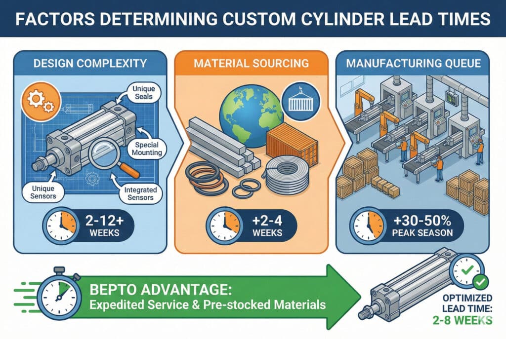 Infografika koja ilustrira tri glavna faktora koja utječu na rokove isporuke cilindara po narudžbi—kompleksnost dizajna (2–12+ sedmica), nabavka materijala (+2–4 sedmice) i red za proizvodnju (+30–50% tokom vršne sezone)—i kako "BEPTO ADVANTAGE" s ubrzanom uslugom i unaprijed zalihanim materijalima rezultira optimiziranim rokom isporuke od 2–8 sedmica.