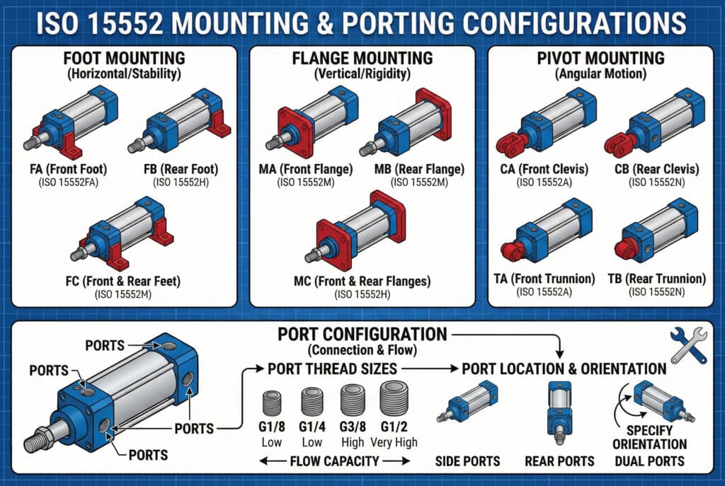 Detaljna tehnička infografika pod nazivom "ISO 15552 KONFIGURACIJE MONTAŽE I PRIKLJUČAKA." Gornji dio je podijeljen u tri panela koja prikazuju različite vrste montaže sa dijagramima cilindara i ISO kodovima: "MONTAŽA NA NOGU" (FA, FB, FC), "MONTAŽA NA FLANCO" (MA, MB, MC) i "OKRETNA MONTAŽA" (CA, CB, TA, TB). Donji odjeljak, "KONFIGURACIJA PRIRUBNICE", ilustrira "VELIČINE NAVOJA PRIRUBNICE" (G1/8 do G1/2) i "LOKACIJU I ORIJENTACIJU PRIRUBNICE" (bočna, stražnja, dvostruka, navedite orijentaciju).