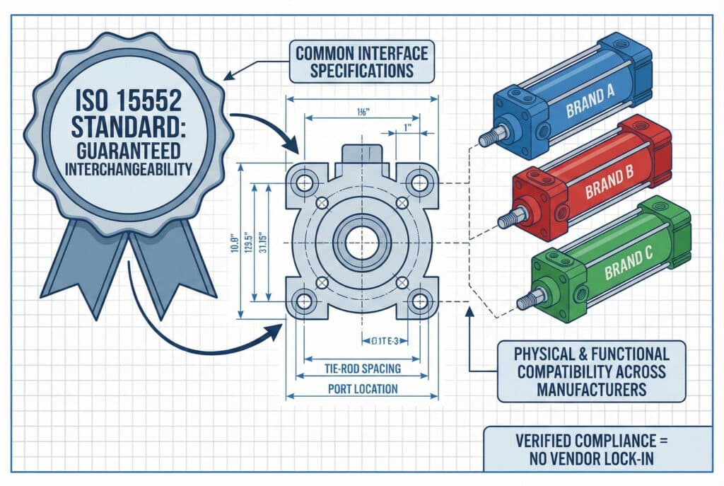 Infografika na plavoj pozadini objašnjava kako standard ISO 15552 osigurava kompatibilnost među različitim markama pneumatskih cilindara. Veliki pečat s natpisom "STANDARD ISO 15552: GARANTOVANA MEĐUSOBNA ZAMJENJIVOST" ukazuje na tehnički dijagram "SPECIFIKACIJE ZAJEDNIČKOG SUČELJA" sa standardizovanim dimenzijama za rupe za vijke, potporne šipke i priključke. Tri različita cilindra, označena kao "MARKA A", "MARKA B" i "MARKA C", prikazani su kako savršeno pristaju na ovaj standardizirani interfejs, ilustrirajući "FIZIČKU I FUNKCIONALNU KOMPATIBILNOST MEĐU PROIZVOĐAČIMA". Tekstualni okvir na dnu zaključuje: "PROVJERENA USKLAĐENOST = NEMA VEZIVANJA ZA JEDNOG DOBavljača."