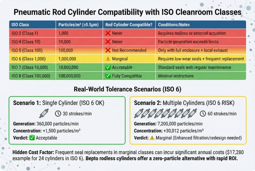 Infografika pod nazivom "Kompatibilnost pneumatskih cilindara sa izlaznom šipkom sa ISO klasama čistih soba". Gornji dio je tabela obojena po bojama koja pokazuje da standardni cilindri sa izlaznom šipkom nikada nisu kompatibilni sa ISO klasom 3 i 4, da se ne preporučuju za ISO klasu 5, da su marginalno kompatibilni sa ISO klasom 6, te da su prihvatljivi ili potpuno kompatibilni sa ISO klasama 7 i 8. Ispod su dva "Praktična scenarija tolerancije (ISO 6)": Scenarij 1 prikazuje jedan cilindar kao "Prihvatljivo", dok Scenarij 2 prikazuje više cilindara visoke brzine kao "Marginalni rizik". Donji odjeljak ističe "Faktor skrivenih troškova" zamjene brtvila i promovira Bepto cilindar bez klipa kao alternativu bez čestica.