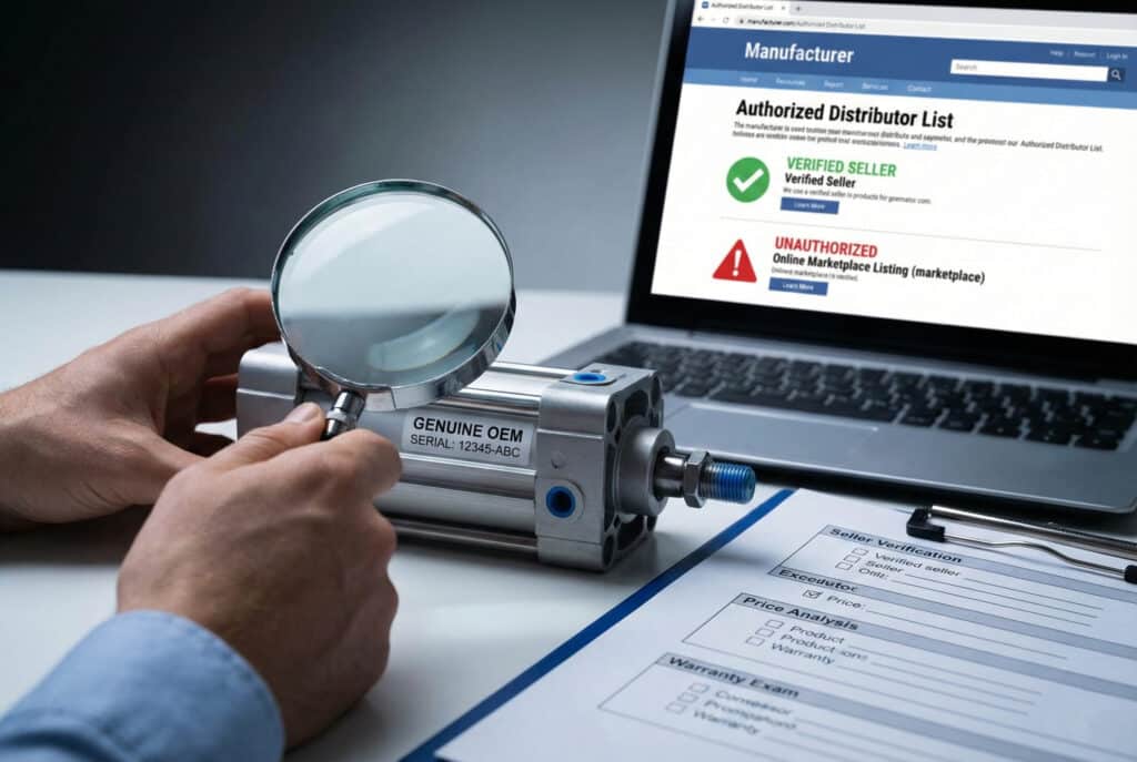 Krupni plan fotografije osobe koja koristi lupu za pregled pneumatskog cilindra označenog "GENUINE OEM" i "SERIAL: 12345-ABC" uz kontrolnu listu "Verifikacija prodavca". U pozadini laptop prikazuje web stranicu proizvođača "Lista ovlaštenih distributera" koja prikazuje verificirane naspram neovlaštenih prodavaca, ilustrirajući proces identifikacije rizika sivog tržišta.