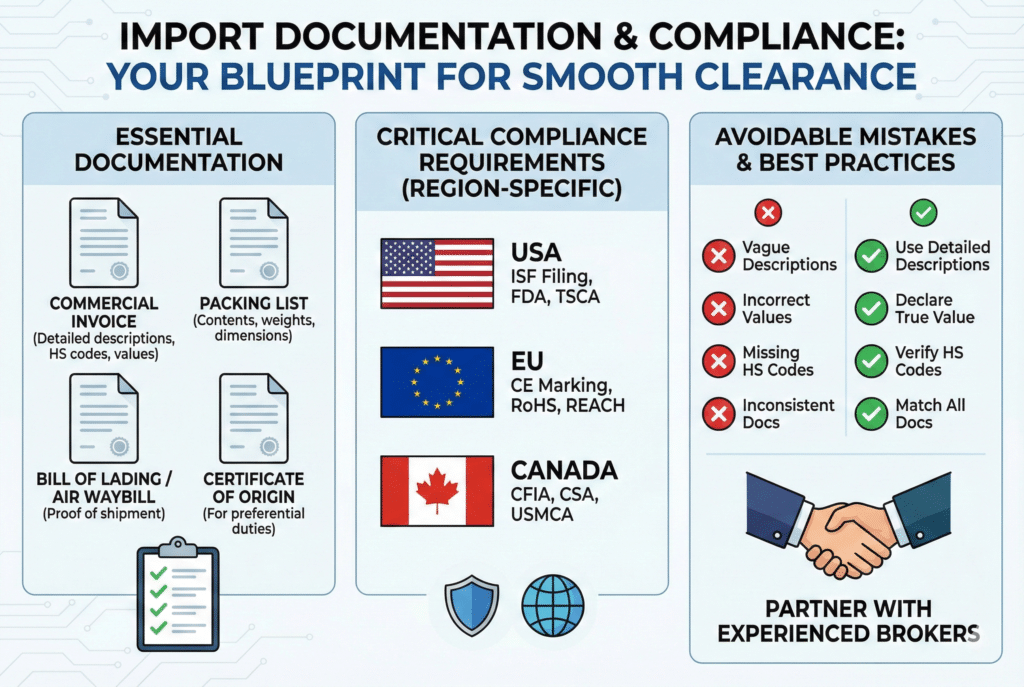 Infografički vodič pod nazivom "Dokumentacija i usklađenost pri uvozu", koji detaljno opisuje ključne dokumente poput komercijalne fakture i pakirne liste, specifične regionalne zahtjeve usklađenosti za SAD, EU i Kanadu, te usporedbu čestih pogrešaka koje se mogu izbjeći i najboljih praksi za postizanje nesmetanog carinjenja.