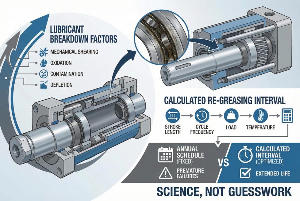 Un'infografica che illustra l'importanza del reingrassaggio calcolato per i cilindri senza stelo. Mostra uno spaccato di un cilindro e di un cuscinetto, elencando i fattori di rottura del lubrificante: taglio meccanico, ossidazione, contaminazione ed esaurimento. Un diagramma di flusso mostra il calcolo in base alla lunghezza della corsa, alla frequenza dei cicli, al carico e alla temperatura, confrontando un programma annuale con guasti prematuri con un intervallo calcolato ottimizzato con una durata maggiore.