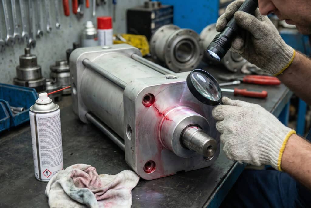 ช่างเทคนิคใช้ไฟฉายและแว่นขยายเพื่อตรวจสอบฝาปิดปลายกระบอกสูบนิวแมติกขนาดใหญ่ในโรงงาน แม่เหล็กสีแดงช่วยเน้นรอยร้าวขนาดใหญ่ที่แผ่ขยายออกจากรูน็อตยึด แสดงให้เห็นถึงวิธีการทดสอบที่ไม่ทำลายโครงสร้างเพื่อประเมินความเสียหายของโครงสร้าง.