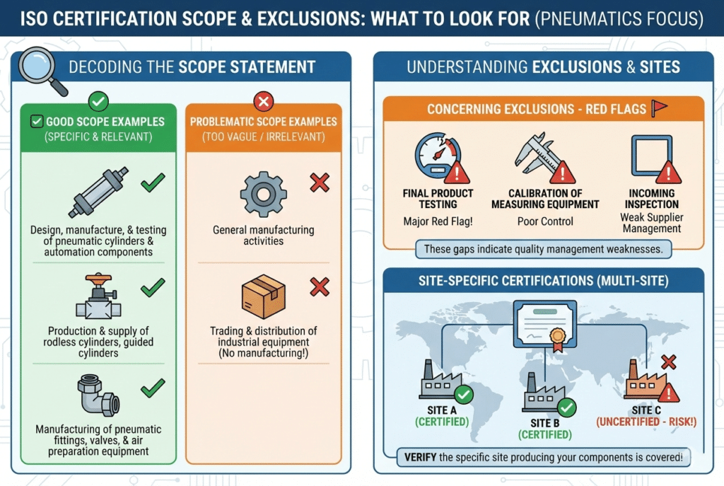 Infografski vodič koji detaljno objašnjava kako tumačiti opseg i izuzeća ISO certifikacije za pneumatske proizvode. Uspoređuje dobre, specifične primjere opsega s nejasnima i problematičnima, ističe izuzeća koja ukazuju na rizik poput završnog testiranja i kalibracije te ilustrira važnost provjere certifikata specifičnih za lokaciju u operacijama na više lokacija.