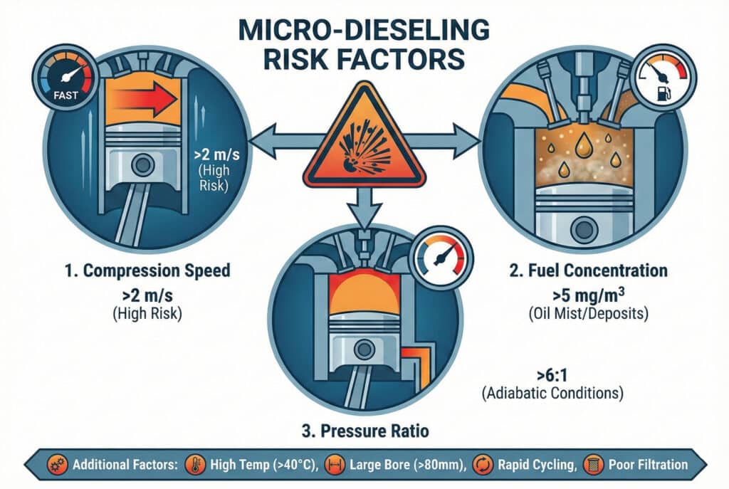 แผนภาพอินโฟกราฟิกที่แสดงรายละเอียดปัจจัยเสี่ยงหลักสามประการของการเกิดไมโครดีเซลในกระบอกสูบอากาศ: ความเร็วการอัดสูง (>2 เมตร/วินาที), ความเข้มข้นของเชื้อเพลิงสูง (>5 มิลลิกรัม/ลูกบาศก์เมตร), และอัตราส่วนความดัน >6:1 นอกจากนี้ยังระบุปัจจัยเสริมอื่นๆ เช่น อุณหภูมิสูง, ขนาดรูขนาดใหญ่, และการกรองที่ไม่ดี.