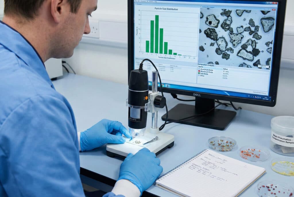 Tehničar u laboratorijskom okruženju koristi digitalni mikroskop za analizu uzoraka čestica. Monitor prikazuje stupanjski graf raspodjele veličine čestica i uvećanu sliku čestica, uz bilježnicu i Petrijeve posudice s uzorcima.