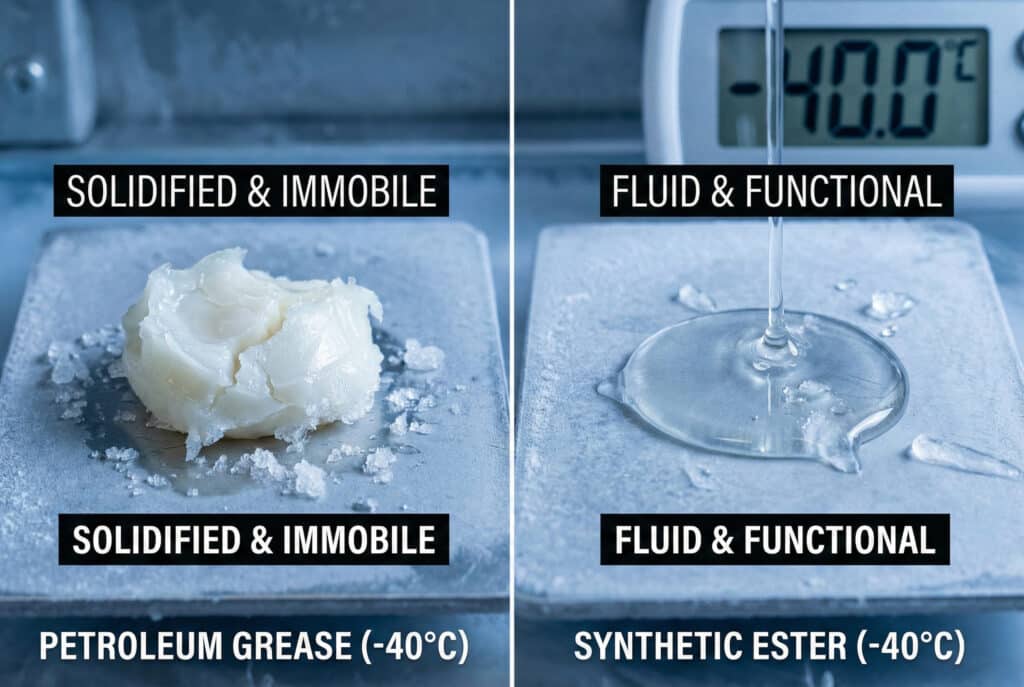 Fotografska usporedba dva maziva na smrznutoj metalnoj površini s termometrom koji pokazuje -40,0 °C. Lijeva strana, označena "PETROLEUM GREASE (-40°C)", prikazuje čvrstu, bijelu, napuklu grudvu masti s tekstom "SKRUTNUTO I NEPOKRETNO". Desna strana, označena "SYNTHETIC ESTER (-40°C)", prikazuje bistru, tekuću tečnost s tekstom "TEKUĆE I FUNKCIONALNO".