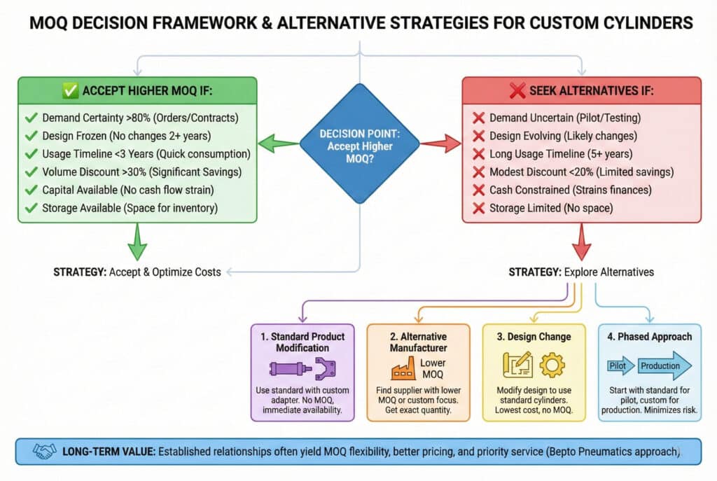 Infografik dijagram pod nazivom "OKVIR ZA ODLUKU O MINIMALNOJ KOLIČINI NARUDŽBE I ALTERNATIVNE STRATEGIJE ZA PRILAGOĐENE CILINDRE." Centralna "TAČKA ODLUKE" granči se na "PRIHVATITE VIŠU MINIMALNU KOLIČINU NARUDŽBE AKO:" s kriterijima poput visoke sigurnosti potražnje i stabilnog dizajna, što vodi do "STRATEGIJE: Prihvatiti i optimizirati troškove." Druga grana, "TRAŽITE ALTERNATIVE AKO:", navodi kriterije poput neizvjesne potražnje i razvijajućeg dizajna, što vodi do "STRATEGIJE: Istražite alternative" koja detaljno opisuje četiri opcije: 1. Standardna modifikacija proizvoda, 2. Alternativni proizvođač, 3. Promjena dizajna i 4. Fazični pristup. Donji baner naglašava "DUGOROČNU VRIJEDNOST" uspostavljenih odnosa.