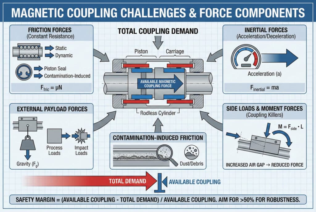 Sveobuhvatna tehnička infografika koja ilustrira različite komponente sila koje izazivaju magnetno kuppovanje u cilindarima bez klipa. Detaljno prikazuje sile trenja, inercijske sile, vanjske sile tereta, bočne sile i trenje uzrokovano kontaminacijom, pokazujući kako se one zbrajaju u ukupnu potražnju za kuppovanjem koja ne smije premašiti raspoloživu silu magnetnog kuppovanja.