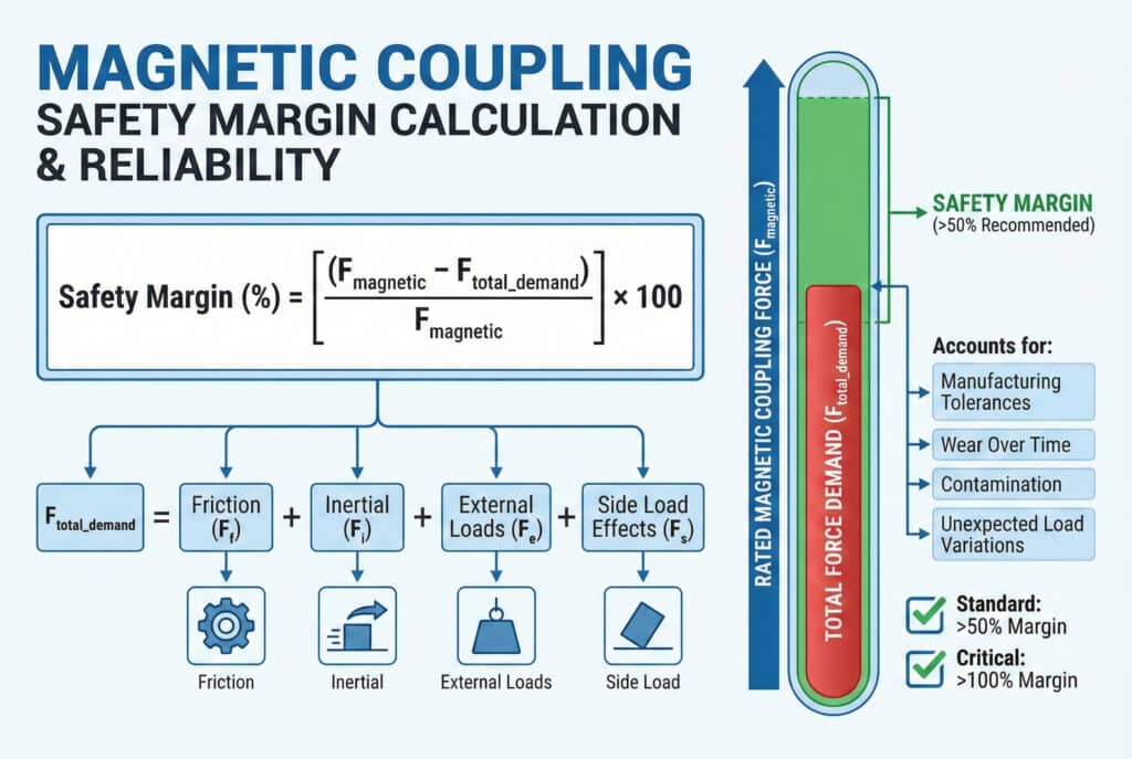 Tehnička infografika koja ilustrira izračun sigurnosne margine magnetičkog kuppovanja. Prikazuje formulu: Sigurnosna marža (%) = [(F_magnetic - F_total_demand) / F_magnetic] × 100. Raspodjela prikazuje F_total_demand kao zbir trenja (F_f), inercije (F_i), vanjskih opterećenja (F_e) i bočnih efekata opterećenja (F_s), svaki s odgovarajućom ikonom. Vidljivi mjerač s desne strane prikazuje "Nominalan magnetni pritisak" s crvenom trakom za "Ukupni zahtjevani pritisak" i zelenom zonom za "Sigurnosni razmak", što ukazuje da se uzimaju u obzir tolerancije, habanje, kontaminacija i varijacije opterećenja, s preporučenim razmacima za standardne (>50%) i kritične (>100%) primjene.