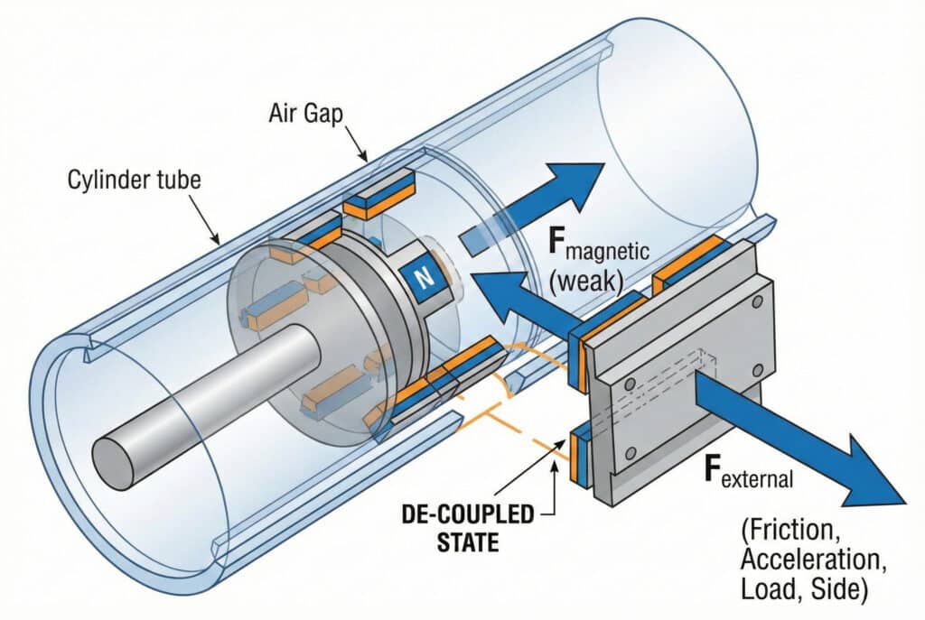 Tehnički dijagram koji ilustrira magnetom povezan cilindar bez klipa u odvojenom stanju. Prikazuje unutrašnji klip s magnetima odvojenim od vanjske kolica zračnim razmakom, a strijele označavaju sile: slabu F_magnetičku silu i jaču F_vanjsku silu (trenje, ubrzanje, opterećenje, bočna sila) koja je uzrokovala odvajanje.