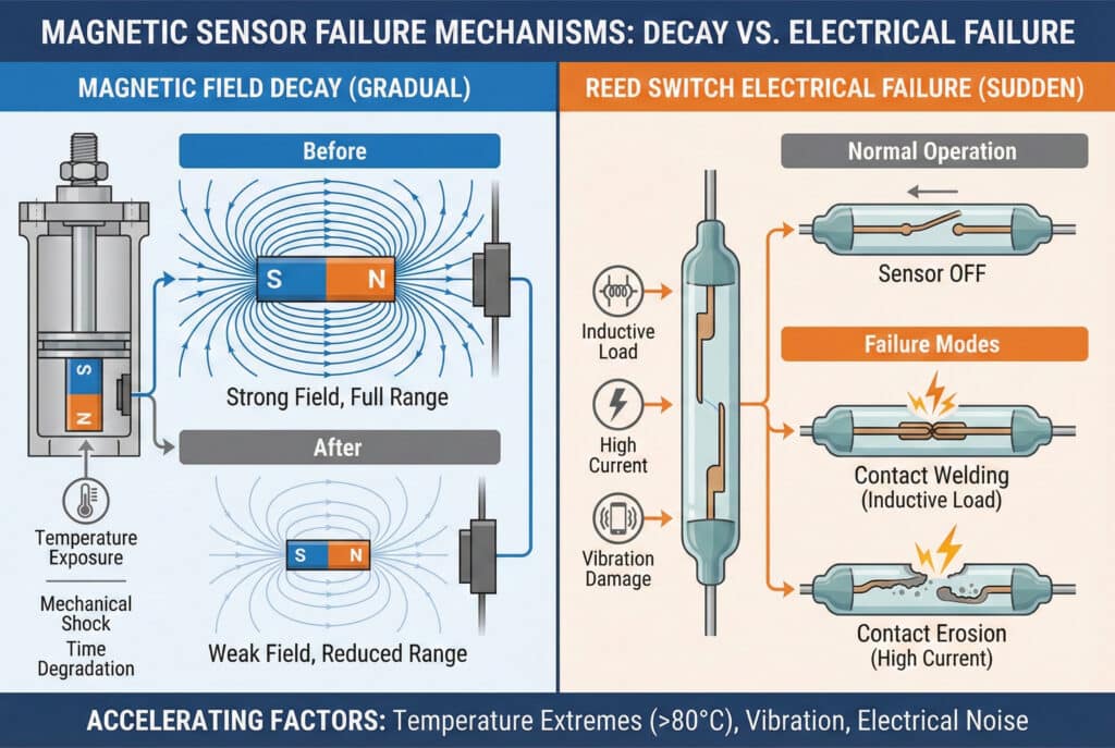 Tehnička infografika koja uspoređuje mehanizme kvara magnetskih senzora. Lijevi panel prikazuje postepeno slabljenje magnetskog polja u cilindričnom magnetu uslijed temperature, mehaničkog šoka i vremena, što rezultira slabim poljem i smanjenim dometom. Desni panel prikazuje iznenadne električne kvare žičanog prekidača (reed switch), prikazujući normalno funkcionisanje nasuprot načinima kvara poput zavarivanja kontakata i erozije uzrokovane induktivnim opterećenjima, visokom strujom i vibracijama. Donja traka navodi ubrzavajuće okolišne faktore poput ekstremnih temperatura.