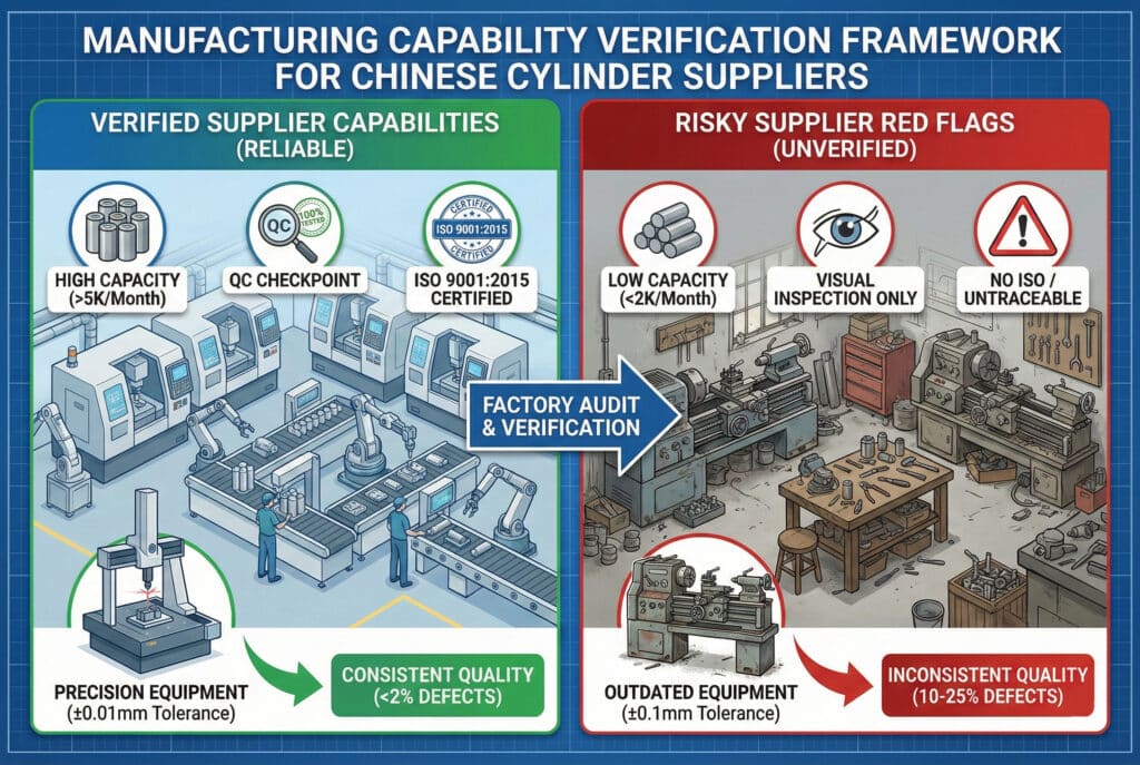 Poređna infografika koja ilustruje okvir za verifikaciju proizvodnih sposobnosti kineskih dobavljača cilindara. Lijeva ploča, pod nazivom "VERIFIKOVANE SPOSOBNOSTI DOBavljača (POUZDANO)," prikazuje modernu, automatiziranu fabriku s CNC mašinama i robotskim rukama, ističući visok kapacitet (>5K/mjesečno), 100% kontrolne tačke kvaliteta, ISO 9001:2015 certifikat i preciznu opremu (tolerancija ±0,01 mm), što dovodi do dosljednog kvaliteta (<2% nedostataka). Desni panel, pod nazivom "RISKANTNI ZNAKOVI KOD DOBavljača (NEPROVJERENI)", prikazuje neurednu, ručnu radionicu, upozoravajući na nisku kapacitivnost (<2K/mjesec), inspekcije samo vizuelnim pregledom, nedostatak ISO certifikata i zastarjelu opremu (tolerancija ±0,1 mm), što rezultira neujednačenom kvalitetom (10-25% nedostataka). Centralna strelica naglašava "FAKTORIJSKA REVIZIJA I VERIFIKACIJA."