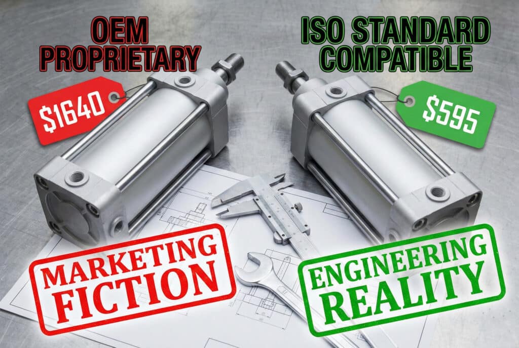 技術的な設計図にノギスとスパナで置かれた2つの同じ空気圧シリンダーを示す比較写真。左側のシリンダーには「OEM PROPRIETARY」のラベルが貼られ、赤い「$1640」の値札と「MARKETING FICTION」と書かれた赤いスタンプが押されている。右側のシリンダーは「ISO STANDARD COMPATIBLE」と表示され、緑色の「$595」の値札と「ENGINEERING REALITY」と書かれた緑色のスタンプが押されている。この画像は、プロプライエタリな部品と標準互換部品の著しいコスト差とマーケティング神話を示している。.
