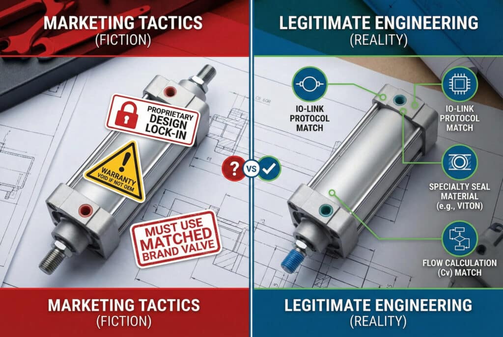 Fotografija infografike na podijeljenom ekranu koja upoređuje tvrdnje o pneumatskoj kompatibilnosti. Lijeva strana, označena crvenom bojom s natpisom "MARKETING TACTICS (FICTION)", prikazuje cilindar s naljepnicama za upozorenje: "PROPRIETARY DESIGN LOCK-IN", "WARRANTY VOID IF NOT OEM" i "MUST USE MATCHED BRAND VALVE". Desna strana, označena plavom bojom s natpisom "LEGITIMATE ENGINEERING (REALITY)", prikazuje cilindar s tehničkim oznakama za "IO-LINK PROTOCOL MATCH", "SPECIALTY SEAL MATERIAL (e.g., VITON)" i "FLOW CALCULATION (Cv) MATCH". Ikona "VS" sa upitnikom i kvačicom razdvaja ta dva.