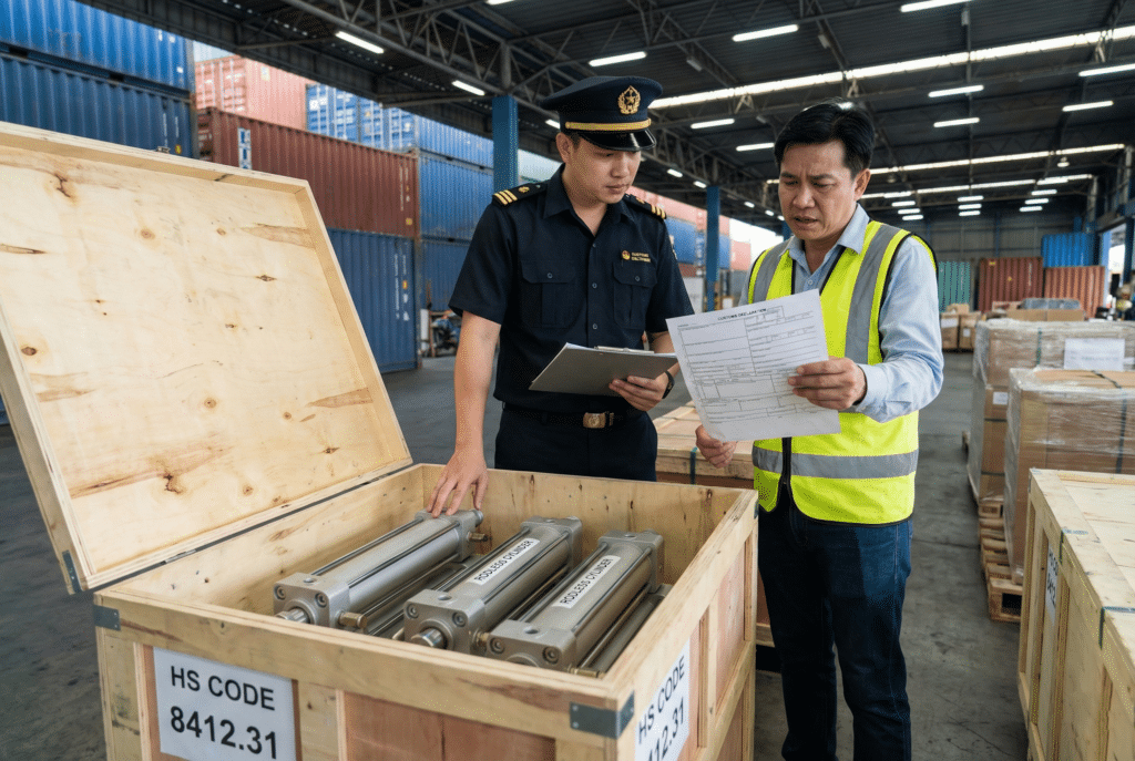 A customs officer and a warehouse manager inspect a crate of pneumatic cylinders labeled "HS CODE 8412.31" in a busy shipping warehouse, illustrating the challenges of import regulations.