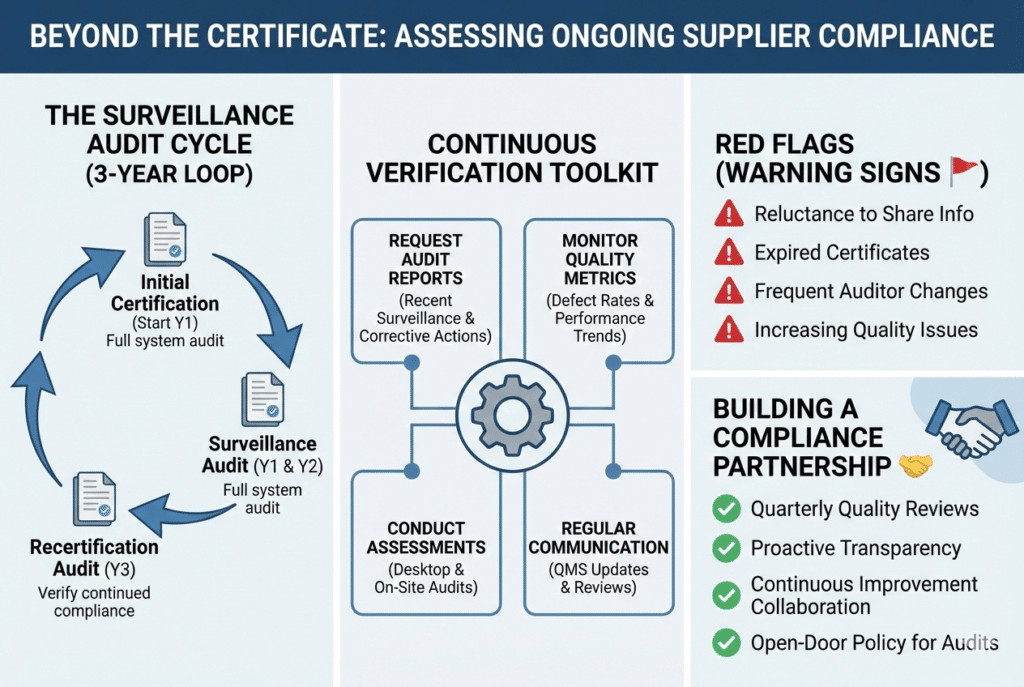 Infografika pod naslovom "Iza certifikata: Procjena stalne usklađenosti dobavljača." Ilustrira trogodišnji ciklus nadzornog audita, predstavlja kontinuirani alat za verifikaciju s četiri metode (zahtijevanje izvještaja o auditima, praćenje metrika kvalitete, provođenje procjena i redovita komunikacija), navodi znakove upozorenja koji ukazuju na probleme usklađenosti te opisuje korake za izgradnju transparentnog partnerstva u usklađenosti.