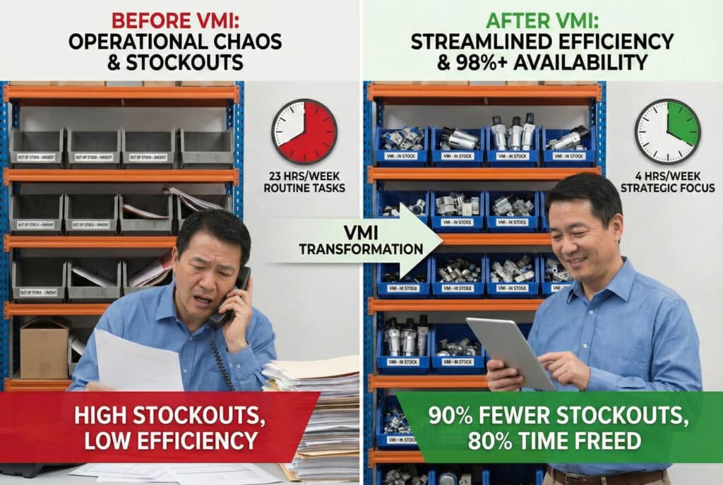 Infografika sa podijeljenim ekranom koja ilustrira operativne prednosti upravljanja zalihama od strane dobavljača (VMI). Lijeva strana, pod nazivom "PRIJE VMI", prikazuje pod stresom menadžera usred kaotičnih, praznih polica, s tekstom koji ističe "VISOKE RAZINE NEDOSTATKA ZALIHA, NISKA EFIKASNOST" i "23 SATA/NEDJELJNO RUTINSKIH ZADATAKA". Desna strana, pod naslovom "Nakon VMI-ja", prikazuje istog menadžera smirenog i kako koristi tablet pored dobro opskrbljenih polica, s tekstom koji naglašava "POJEDNOSTAVLJENA EFIKASNOST I 98%+ DOSTUPNOSTI", "90% MANJE NEDOSTATKA ZALIHA, 80% OSLOBODJENOG VREMENA" i "4 SATA/NEDJELJNO STRATEŠKI FOKUS". Centralna strelica označava "TRANFORMACIJU VMI".