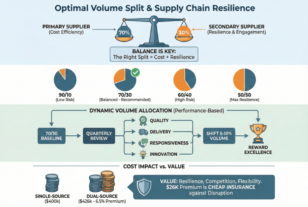 Infografika pod naslovom "Optimalna raspodjela volumena i otpornost lanca snabdijevanja". Na vrhu, vaga prikazuje težinu od 70% za "PRIMARNI DOBavljač (troškovna efikasnost)" i 30% za "SEKUNDARNI DOBavljač (otpornost i angažman)", a ispod je tekst koji glasi "RAVNOTEŽA JE KLJUČNA: Pravi omjer = Trošak + Otpornost". Četiri kružna dijagrama ispod porede modele raspodjele: "90/10", "70/30 (uravnotežen - preporučen)" sa kvačicom, "60/40" i "50/50". Diagram toka ilustrira "DINAMIČNU RASPOREDBU OBIMA", krećući se od "OSNOVE 70/30" do "TRIMJESEČNOG PREGLEDA", kroz pokazatelje uspješnosti (KVALITET, ISPORUKA, ODGOVORNOST, INOVACIJA), do "PRIJENOSA 5-10% OBIMA" i na kraju "NAGRAĐIVANJA IZVRSNOSTI". Donji odjeljak uspoređuje "UTJECAJ NA TROŠKOVE naspram VRIJEDNOSTI" sa slojevima novčića za "JEDNOG DOBavljača ($400k)" i "DVODOBavljača ($426k - 6.5% premije)", te ikonom štita s tekstom koji ističe vrijednost otpornosti kao "JEFTINO OSIGURANJE protiv poremećaja".