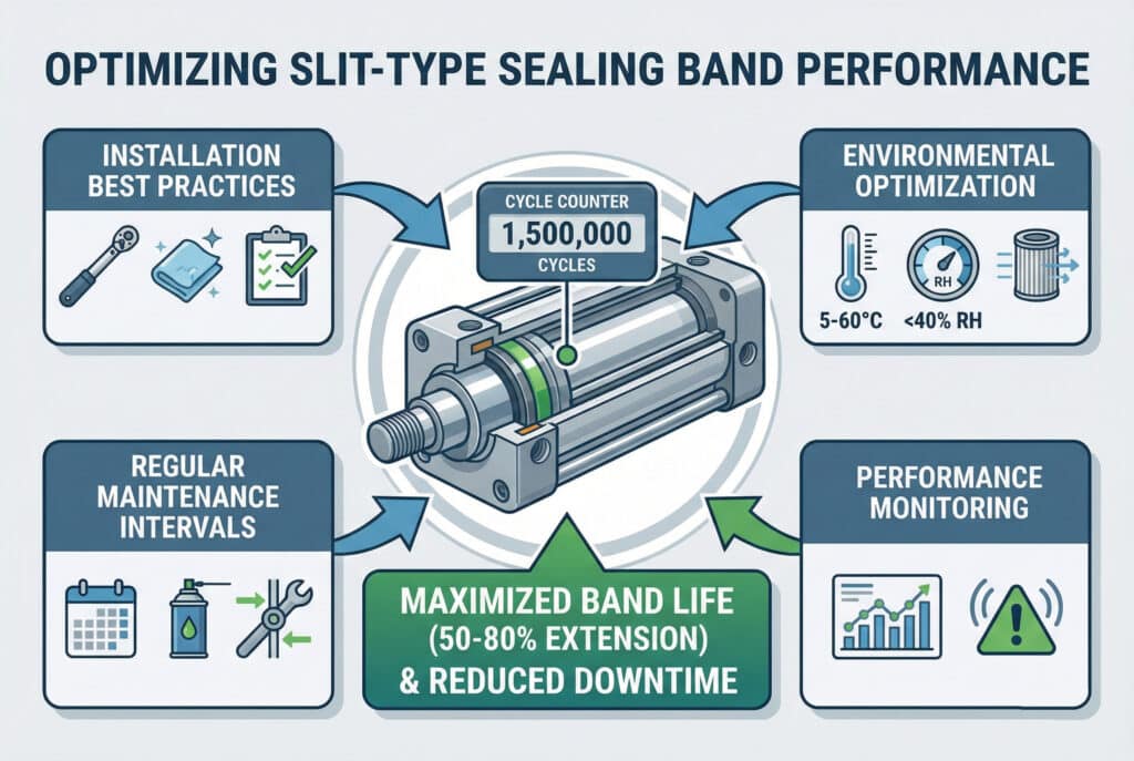 スリット型シーリングバンドの性能を最適化するための体系的アプローチを示す技術インフォグラフィック。中央のサイクルカウンター付きロッドレスシリンダーを囲むように、設置のベストプラクティス、環境の最適化（温度と湿度のコントロール）、定期的なメンテナンス間隔、性能のモニタリングという4つの重要な戦略がアイコンで描かれています。矢印は、バンド寿命の最大化（50-80%延長）とダウンタイムの削減という究極の目標に向かって、これらの実践をつなげています。.