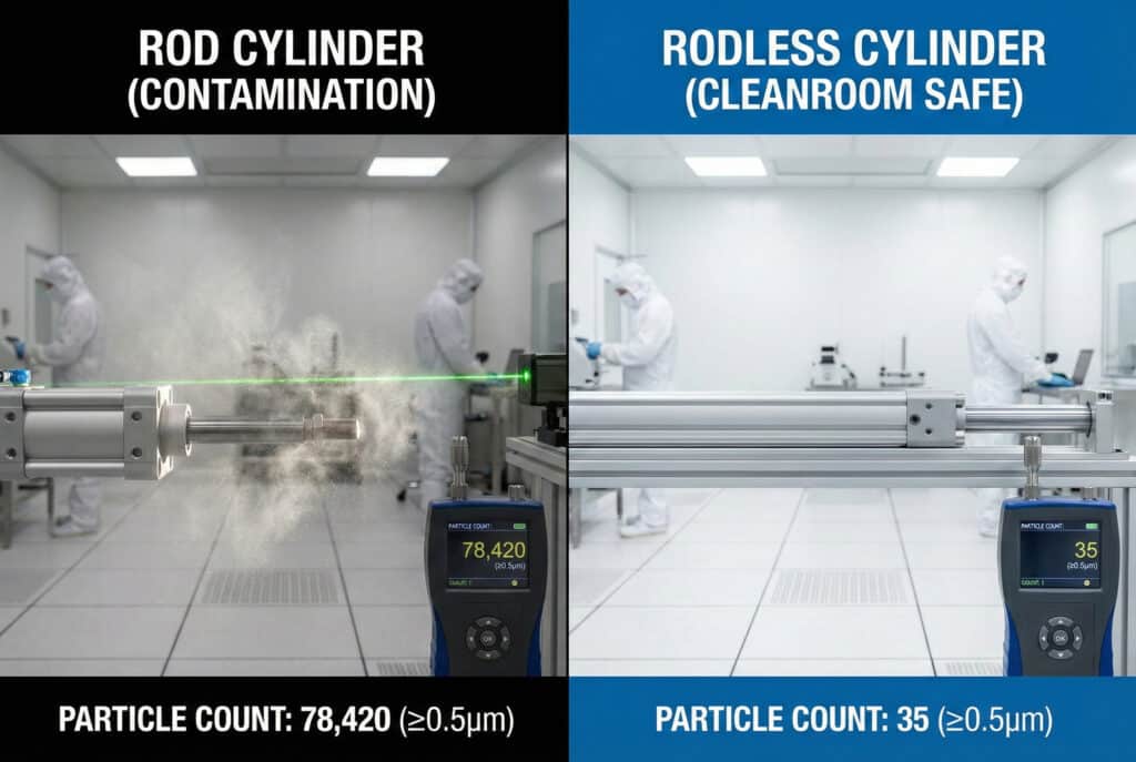 Fotografija za usporedbu rame uz rame u okruženju čiste sobe. Lijevi panel, označen kao "KLIZANJSKI CILINDAR (KONTAMINACIJA)," prikazuje klizanjski cilindar koji se izdužuje s vidljivim oblakom čestica osvijetljenim laserom, i brojač čestica koji pokazuje "78.420 (≥0,5 μm)". Desni panel, označen kao "CILINDAR BEZ ČAVLA (SIGURNO ZA ČISTI PROSTOR)," prikazuje cilindar bez čavla koji radi čisto, a brojilo čestica pokazuje samo "35 (≥0,5 μm)". Dva tehničara u potpunoj odjeći za čistu sobu rade u pozadini oba panela.